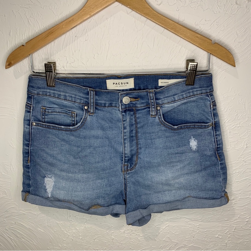 Pacsun Womens "The Shortie" Distressed Jean Shorts Sz 29 Blue Stretch Cuffed